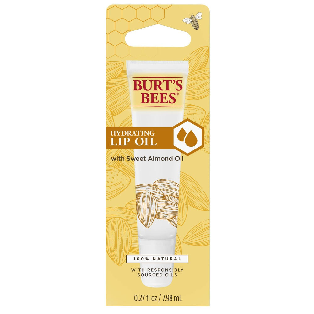 Burt's Bees Lip Oil on lips for non-sticky shine.