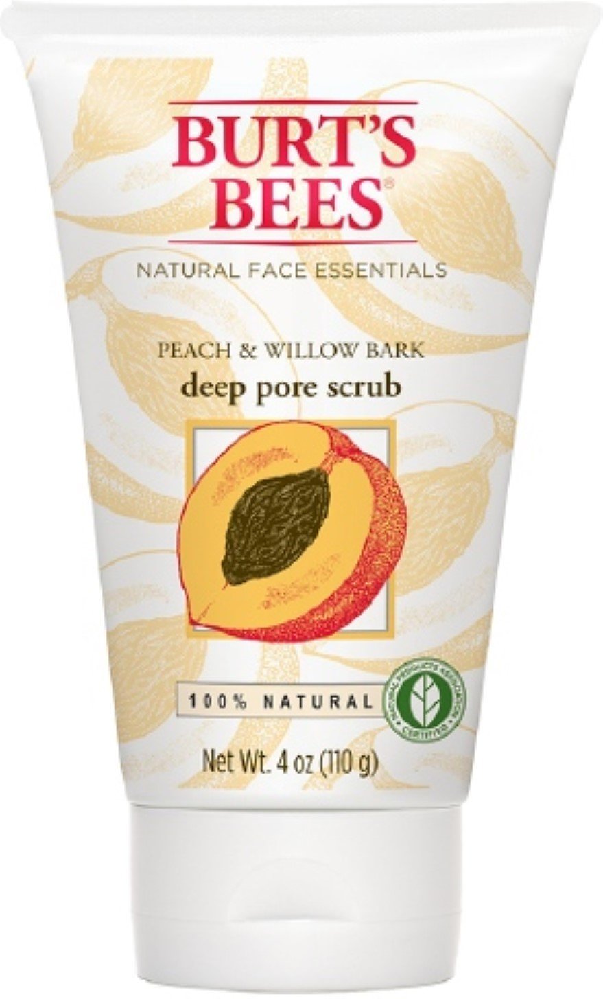 Burt's Bees Peach and Willowbark Deep Pore Scrub jar close-up for gentle exfoliation.