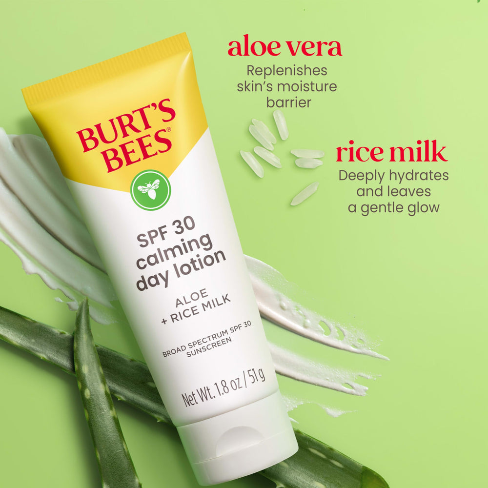 Burt's Bees SPF 30 Calming Day Lotion being applied to the hand for easy layering