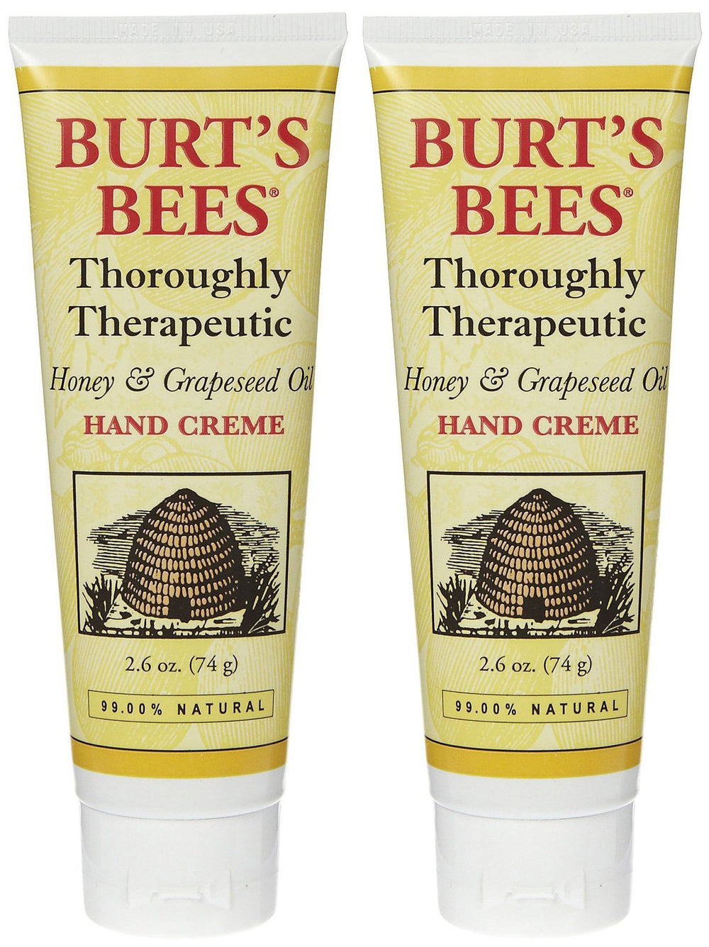 The Burt's Bees Thoroughly Therapeutic Hand Creme bottle showing the honey-grapeseed formula for daily moisture.