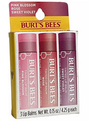 Burt's Bees tinted lip balm pack shows three shade swatches