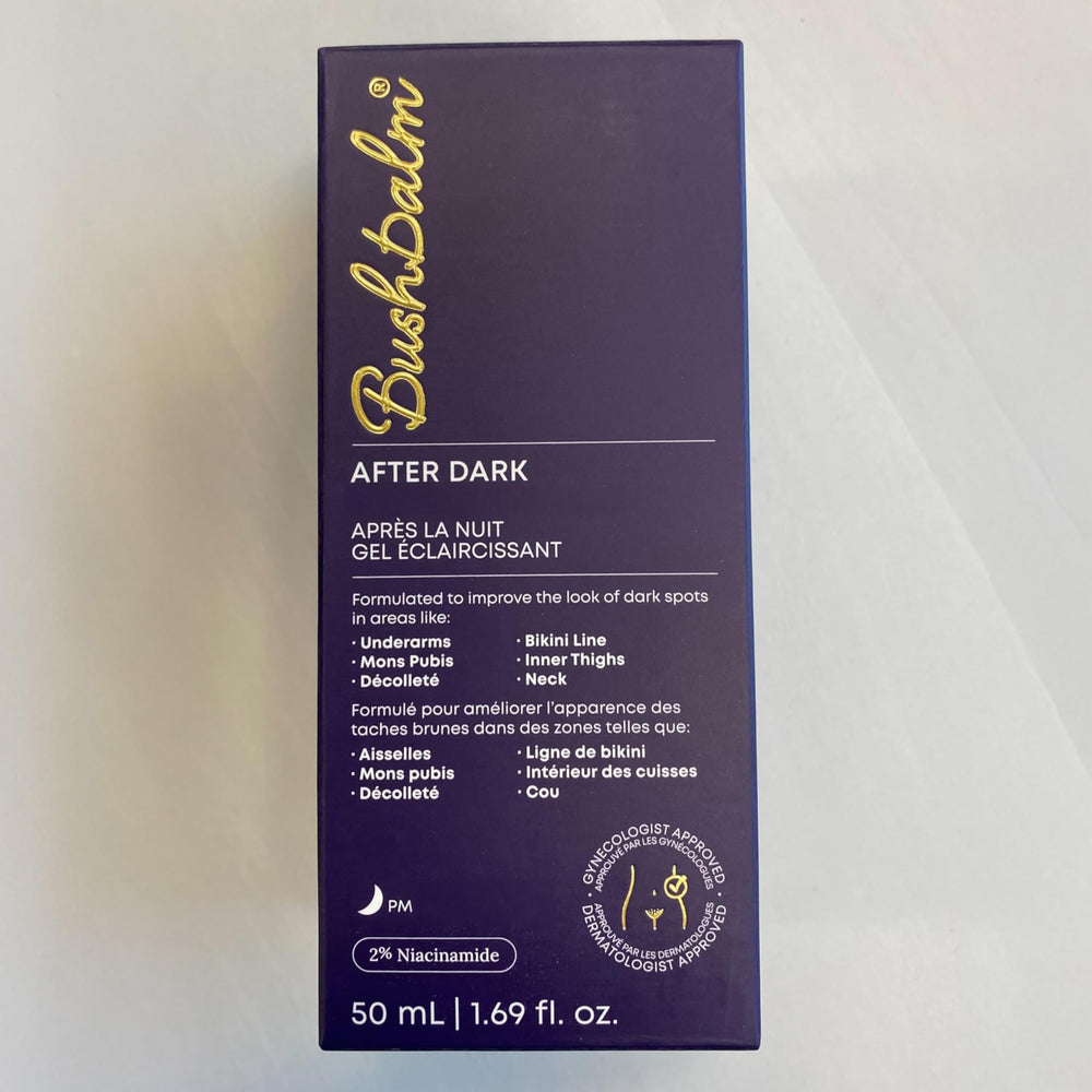 Close-up of Bushbalm Brightening Routine Bundle box showing fragrance-free formula for sensitive areas