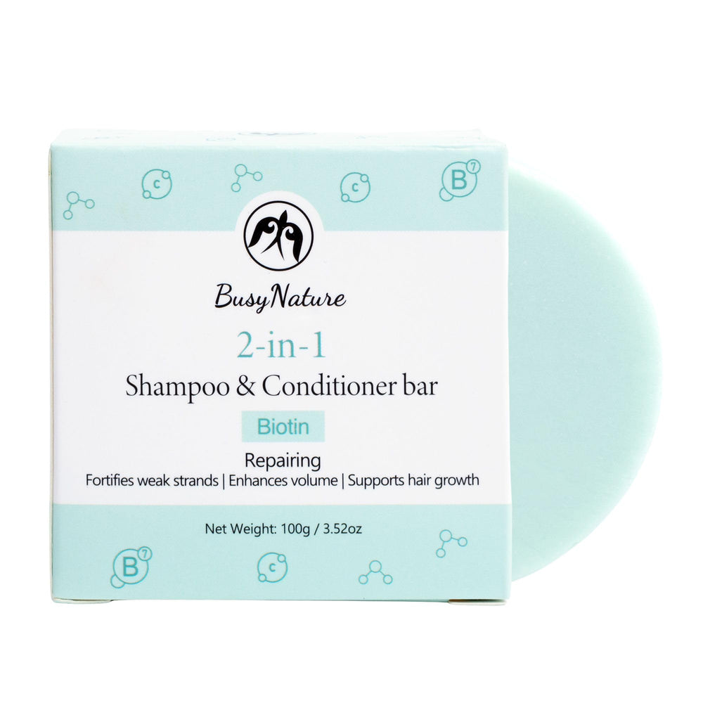 BusyNature Biotin 2-in-1 bar front packaging for daily, eco-conscious use.
