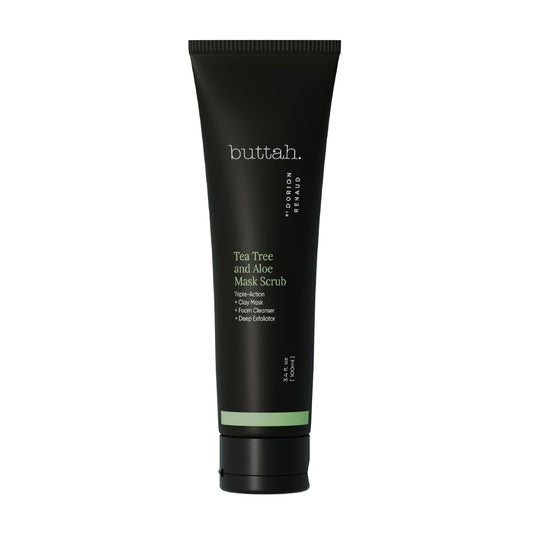Buttah Tea Tree Aloe Exfoliating Scrub jar closeup showing exfoliating texture for clear balanced skin.