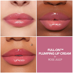 Buxom Full-On Plumping Lip Cream Rose Julep tube closeup showcases creamy texture.