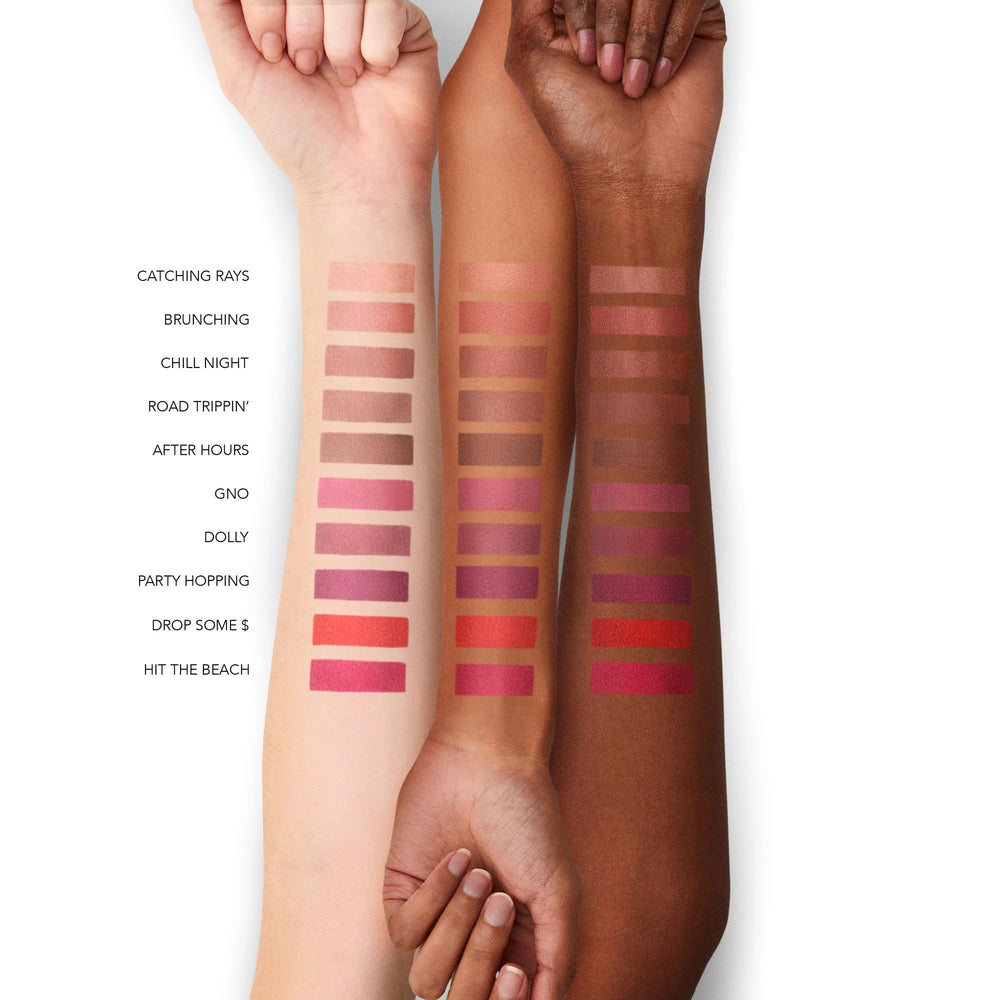 BUXOM After Hours Lip Matte shows velvety suede finish with subtle blur for smooth lips.
