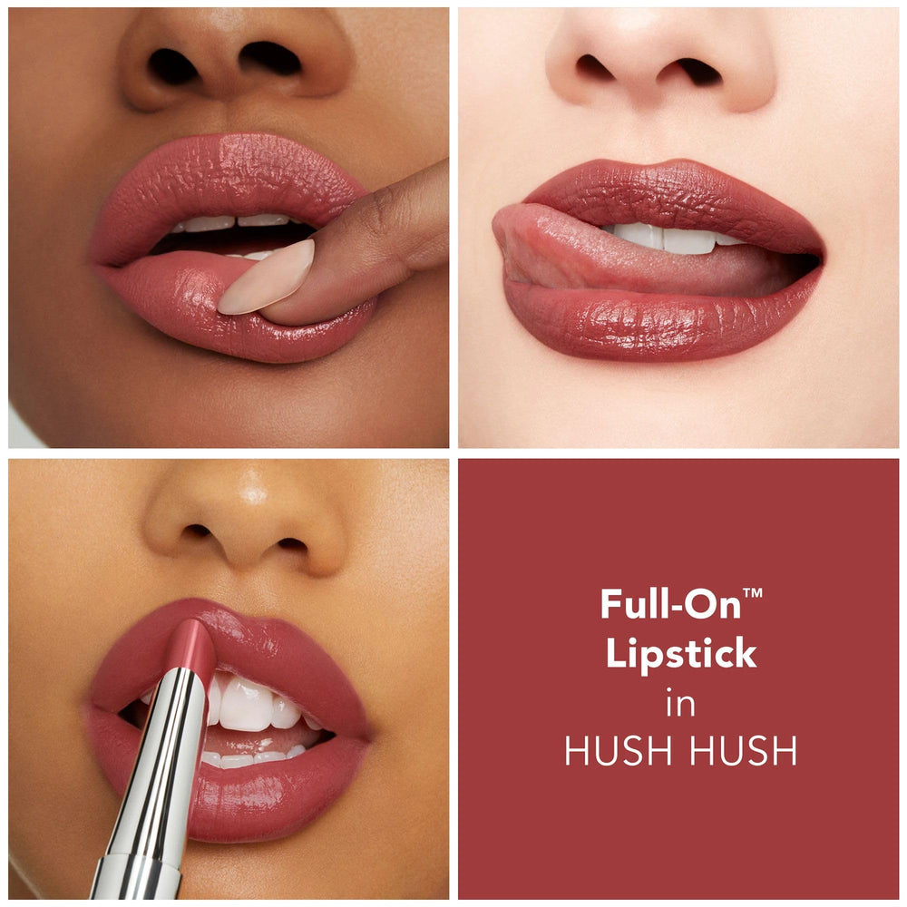 Lips wearing Hush Hush showing pigment-rich creamy finish