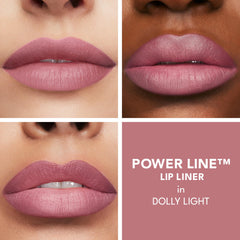 Waterproof 8-hour wear shown on lips with Dolly Light liner