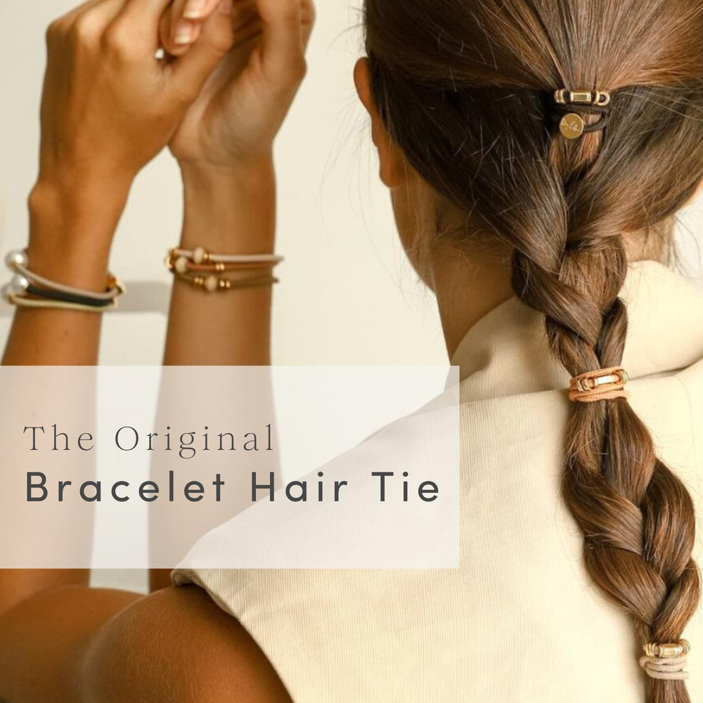 By Lilla bracelet hair tie limestone used to create a chic ponytail