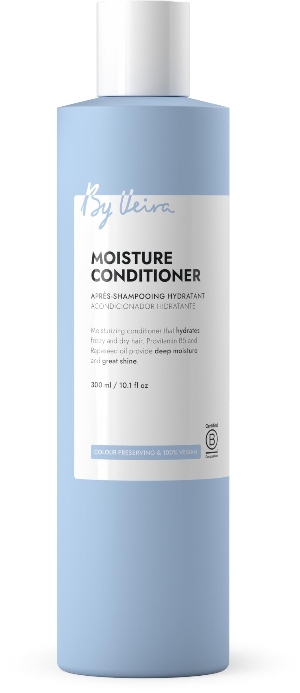 By Veira Moisture Conditioner bottle closeup shows hydration and color protection.