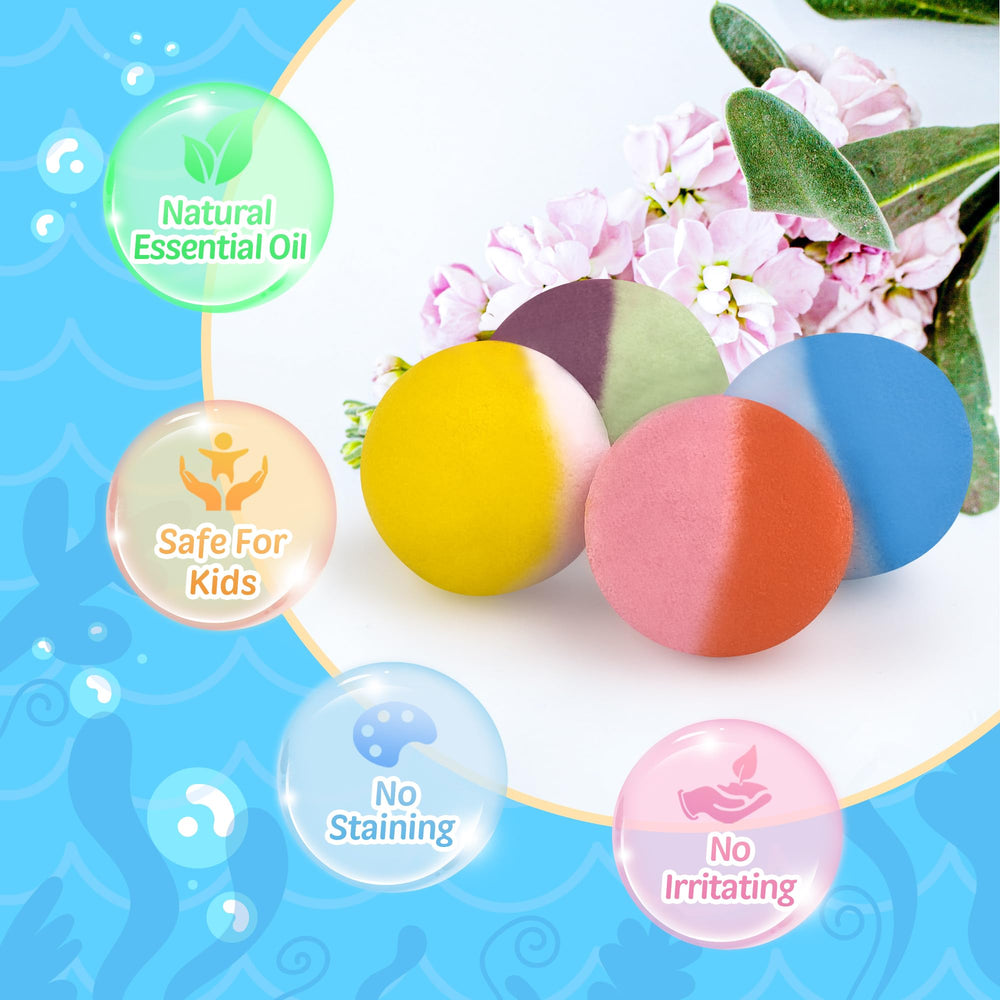 BYGGVIR bubble-filled bath showcasing vivid foam and color from each bomb.