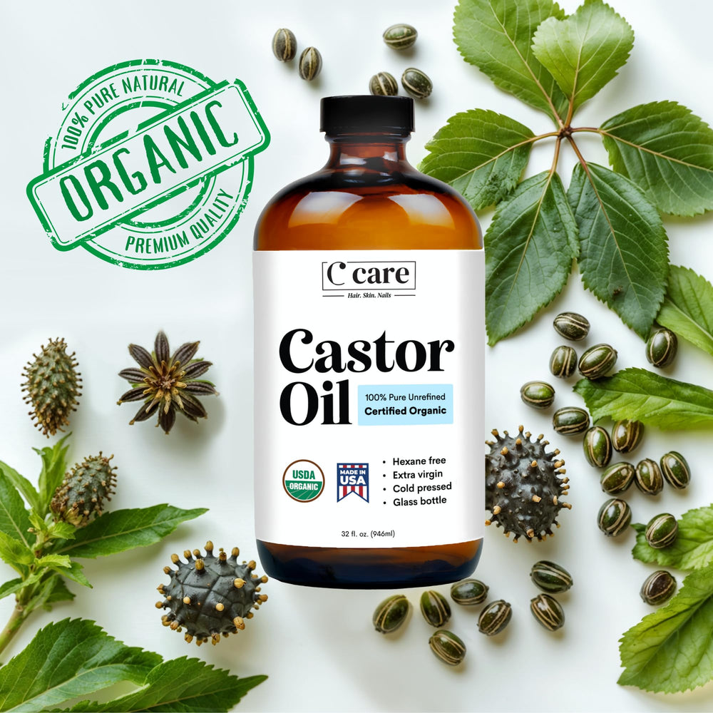 C CARE castor oil applied to hair or scalp for nourishment.