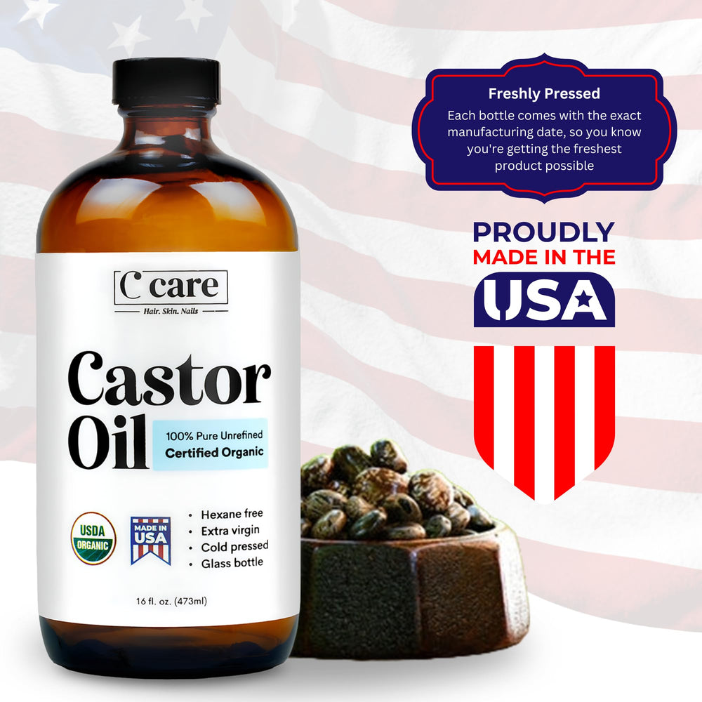 C CARE castor oil label close-up highlighting organic, cold-pressed quality.