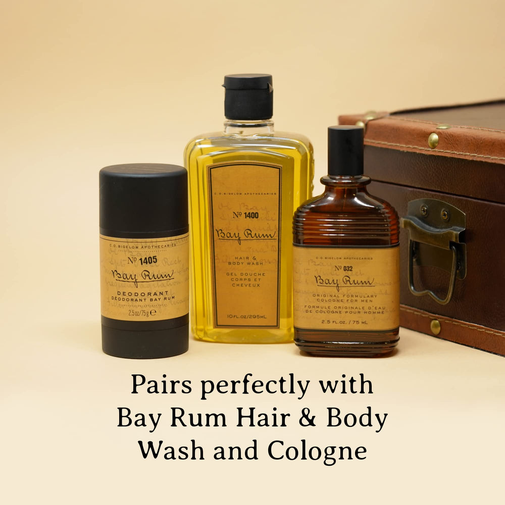 C.O. Bigelow Bay Rum deodorant on a bathroom shelf in a modern routine.