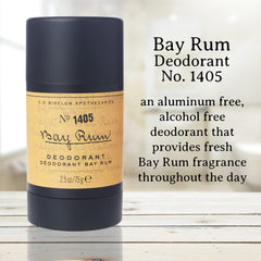C.O. Bigelow Bay Rum packaging highlights aluminum-free formula for daily use.