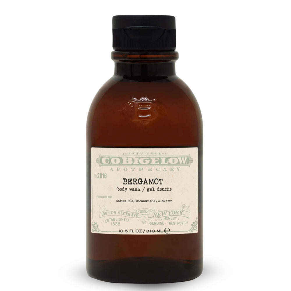 C.O. Bigelow Bergamot Body Wash pump foam showing rich lather for daily cleansing.