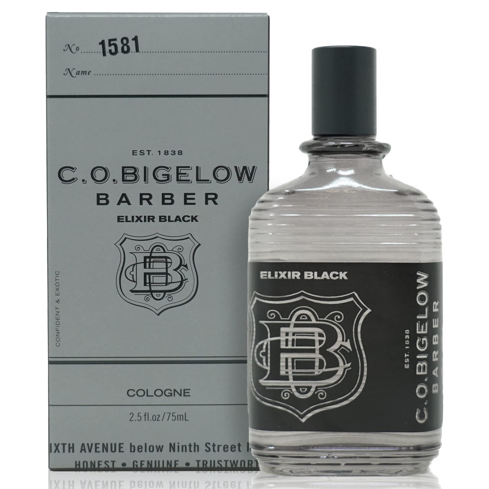 C.O. Bigelow Elixir Black bottle on vanity showcasing the long-lasting scent.