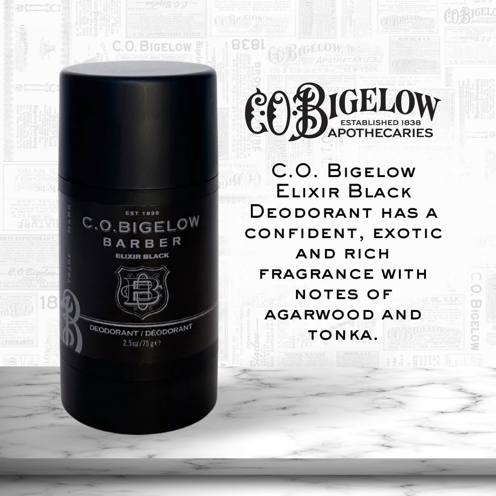 Close-up of C O Bigelow Elixir Black bottle showing musk vanilla fragrance