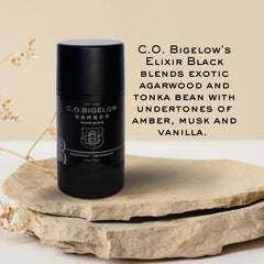 US-made C O Bigelow Elixir Black deodorant label closeup