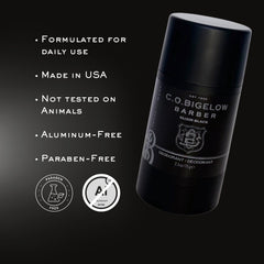 Packaging close-up of aluminum-free formula for C O Bigelow Elixir Black