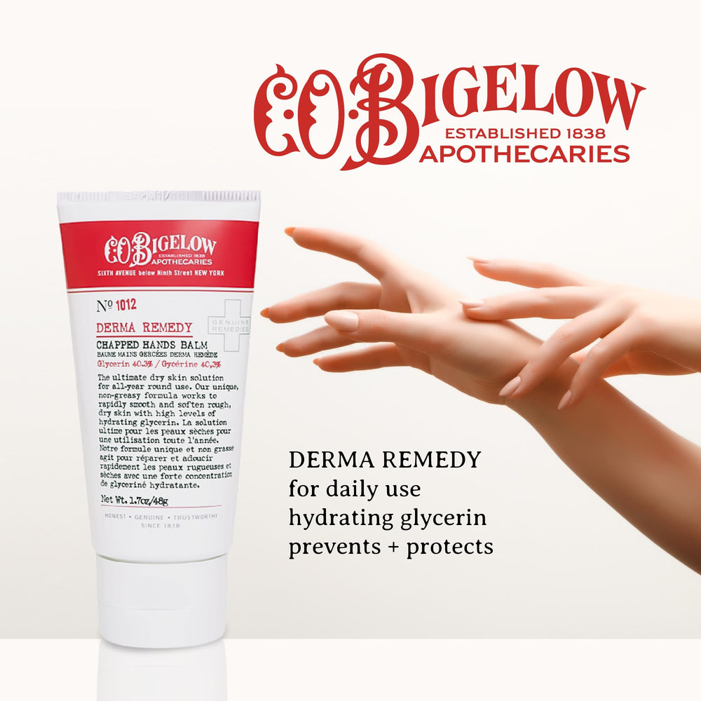 Hands applying balm shown, smoothing dry skin with a non-greasy glide.