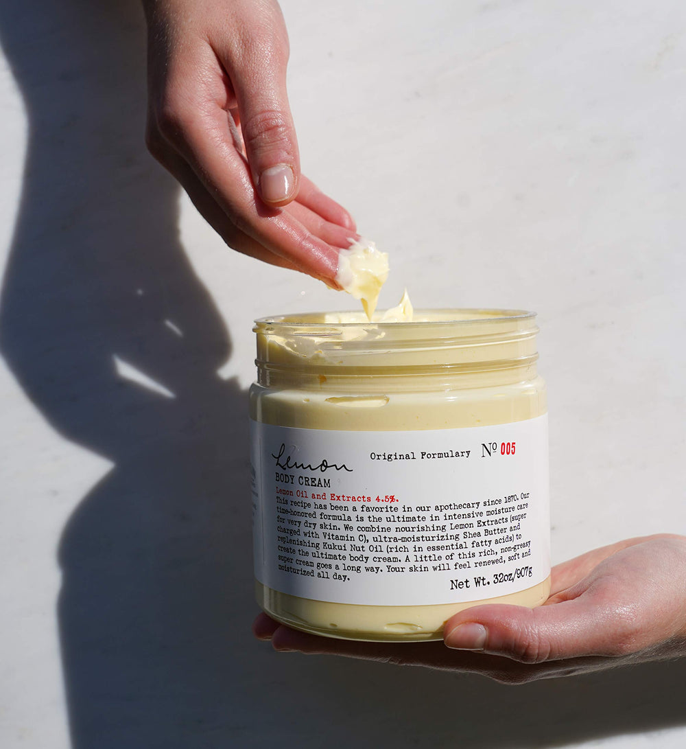 C.O. Bigelow Lemon Body Cream displayed in a bathroom setup