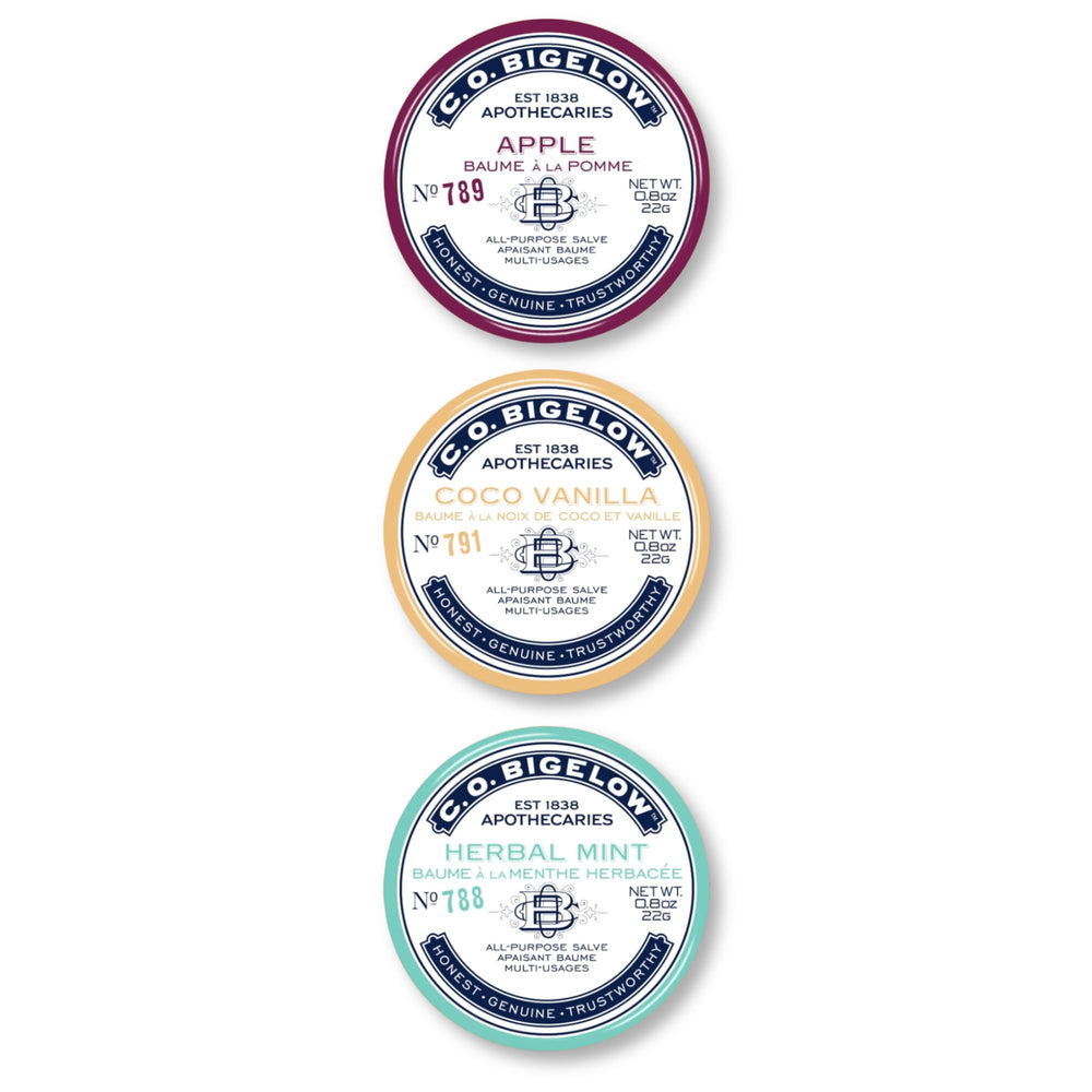 C.O. Bigelow Coco Vanilla salve tin hydrates lips gently.