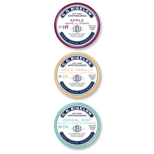 C.O. Bigelow Coco Vanilla salve tin hydrates lips gently.