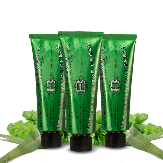C.O. Bigelow travel shaving cream three-pack with 1.7 oz jars for on-the-go grooming.