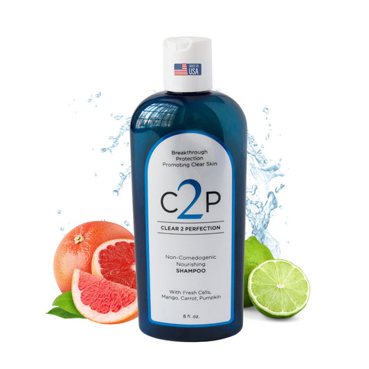 C2P Clear 2 Perfection shampoo bottle front supports a simple clear-skin routine