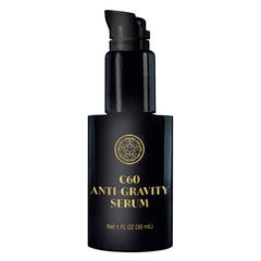 C60 Purple Power serum bottle pour for daily facial and neck care.