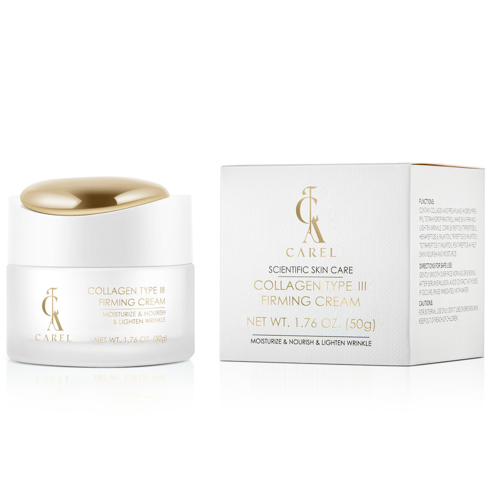 CA CAREL Peptides Collagen Firming Cream glow shot suggests refreshed, healthy skin.
