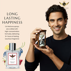 Base notes of vanilla, amber, sandalwood delivering warm, lasting finish