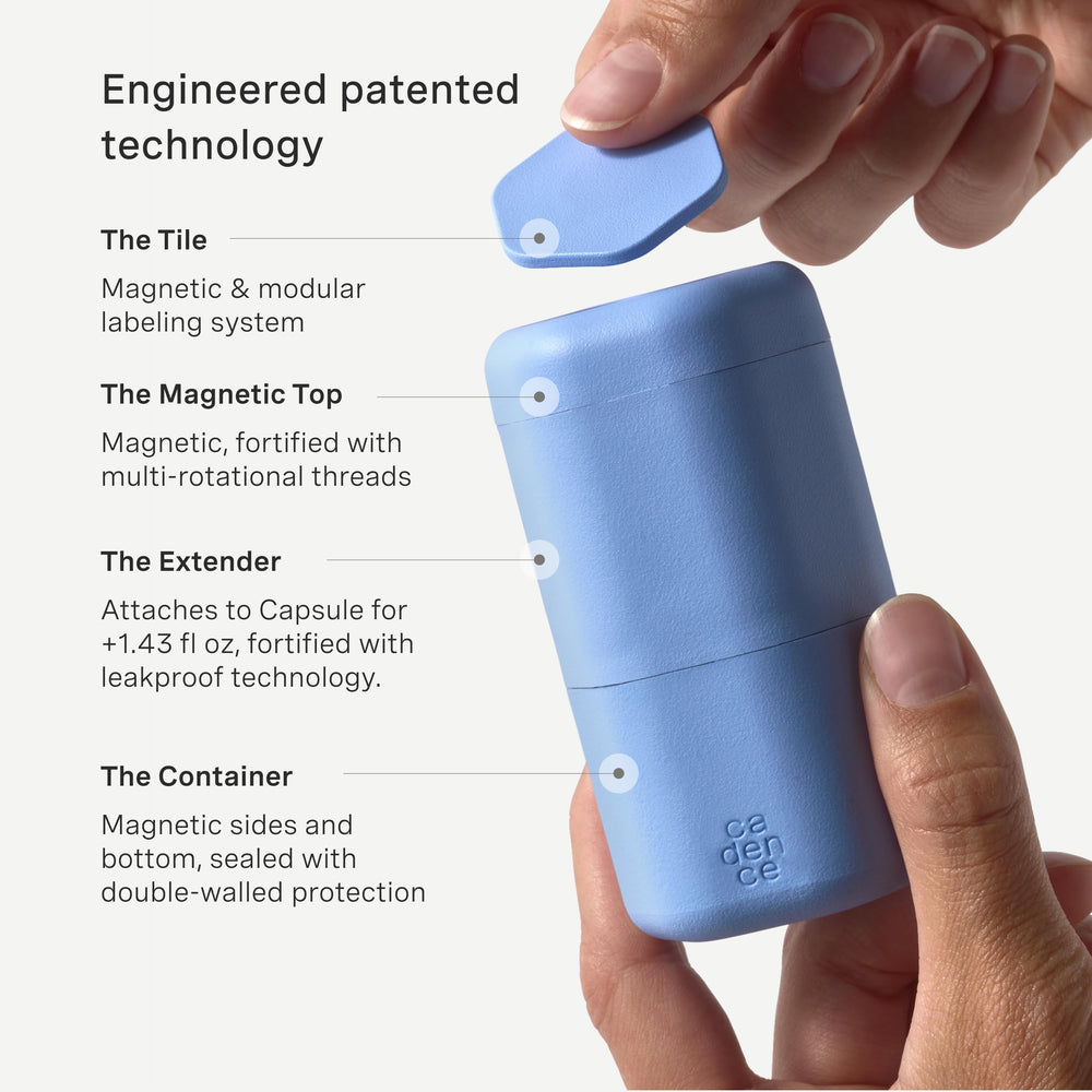 Cadence leak-proof cap keeps liquids secured during travel.