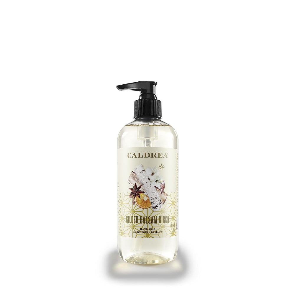 Caldrea Gilded Balsam Birch hand soap bottle for soft, moisturized hands.