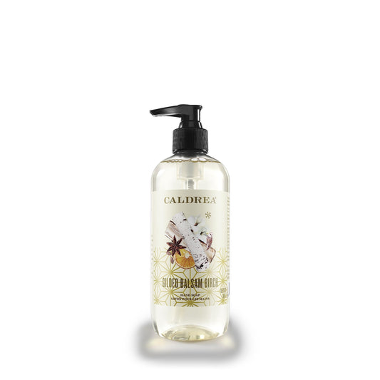 Caldrea Gilded Balsam Birch hand soap bottle for soft, moisturized hands.