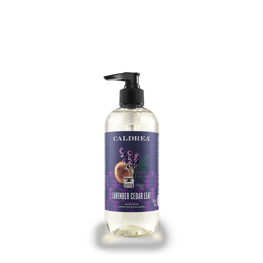 Caldrea Lavender Cedar Leaf hand soap bottle shows soothing herbal aroma.