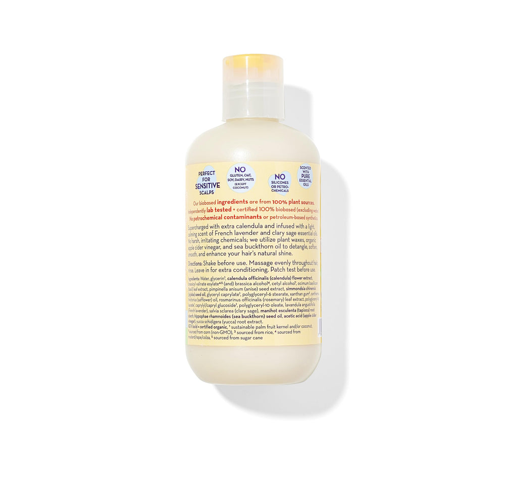 California Baby Calendula Kids Conditioner label close-up with calendula and lavender.