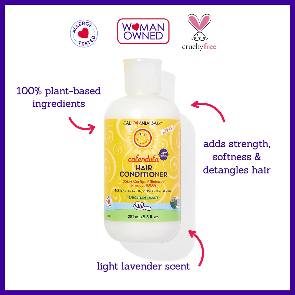 California Baby Calendula Kids Conditioner pour demonstrates easy rinse-out or leave-in use.