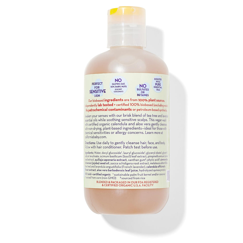 California Baby Tea Tree & Lavender bottle with rich lather for sensitive skin.