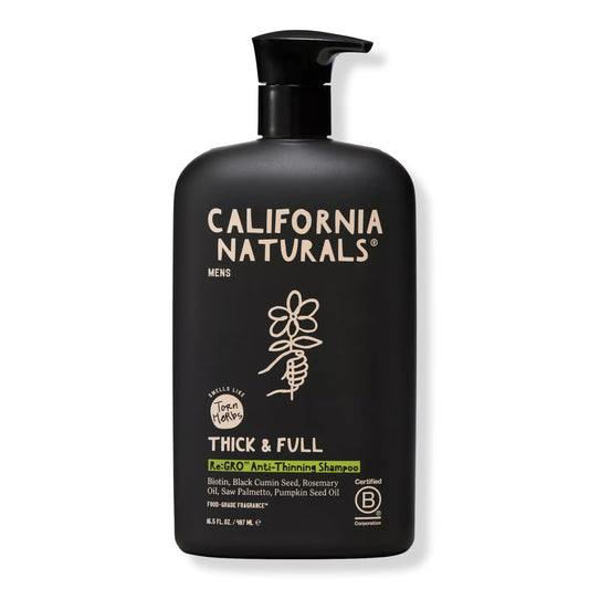 California Naturals Re:GRO shampoo bottle pour showing scalp care benefits.