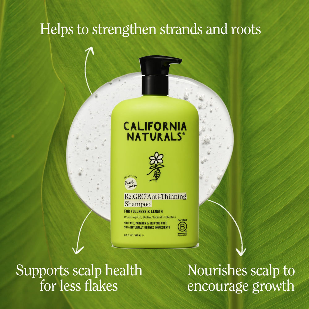California Naturals Re:GRO Shampoo foaming lather delivers a refreshing cleanse.