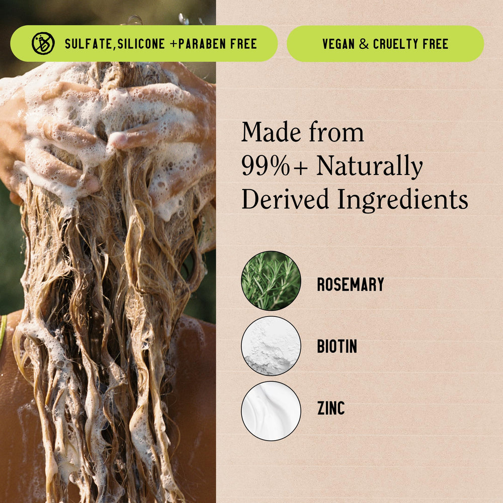 California Naturals Re:GRO Shampoo with rosemary and caffeine supports scalp vitality.