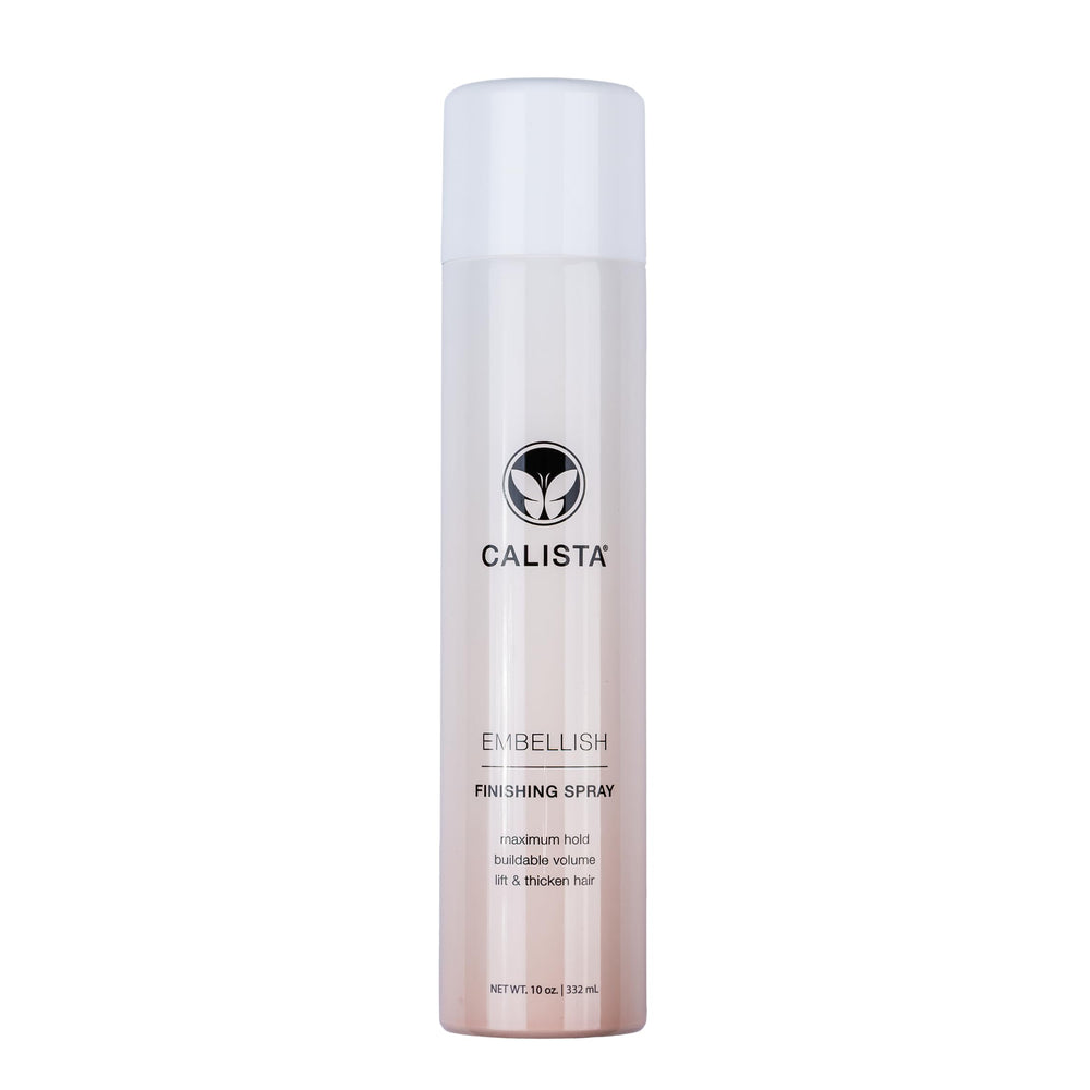 Calista Embellish Finishing Spray bottle front for strong hold and added volume.