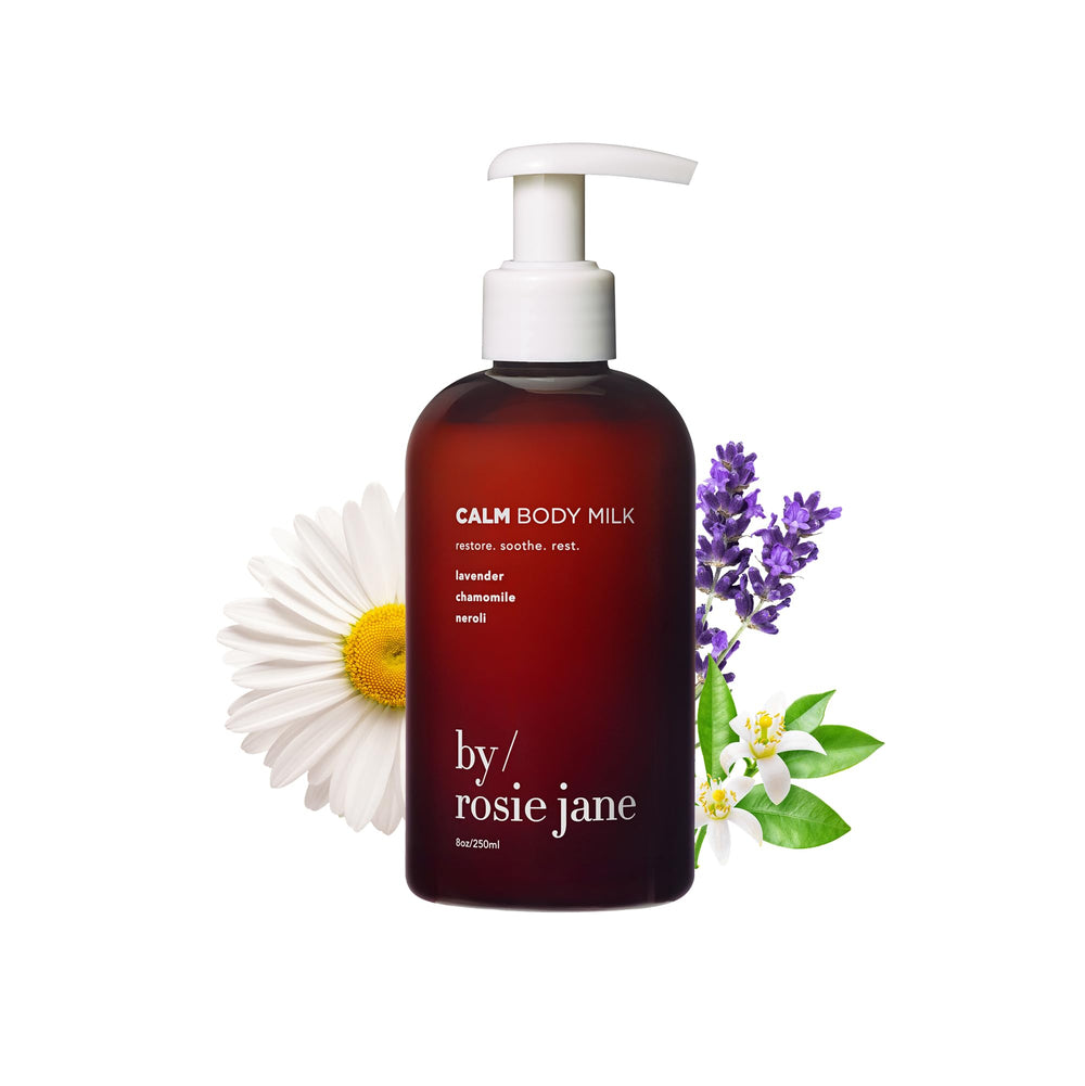 By Rosie Jane Calm Body Milk bottle shows hydrating formula with lavender aroma.
