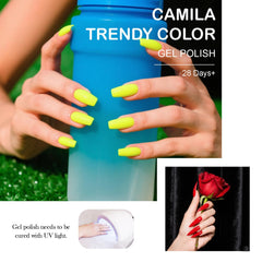 Camila neon yellow gel polish bottle adds sunny statement nails.