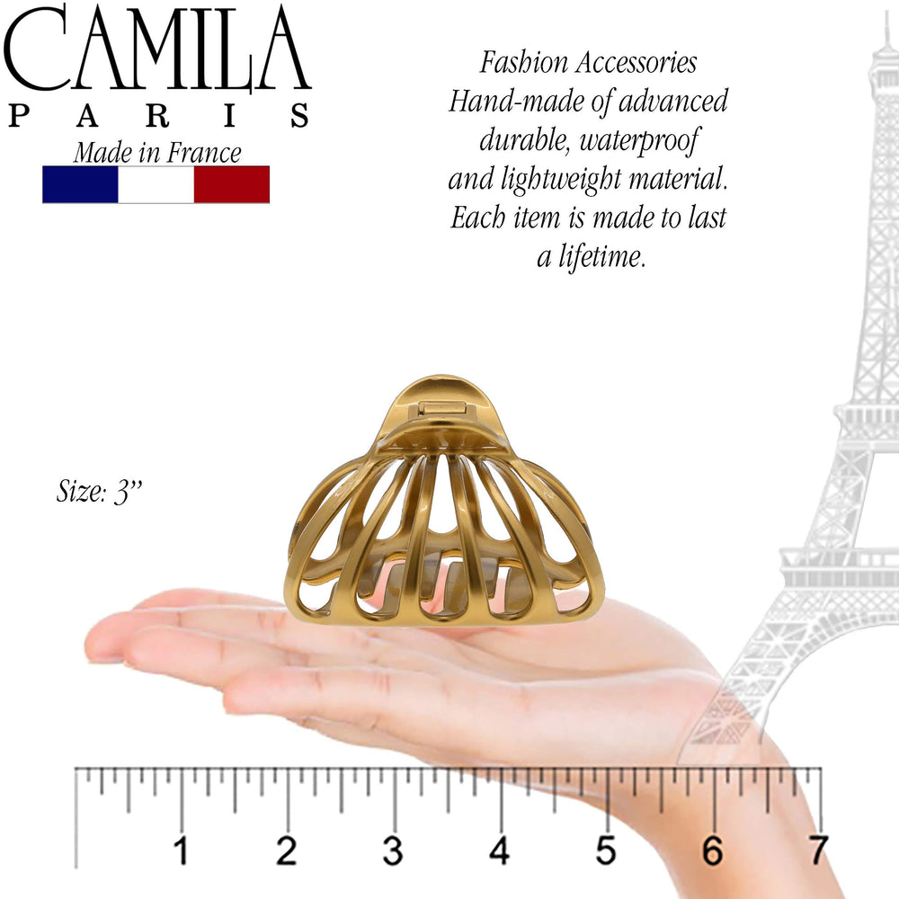 Camila Paris CP3052 clip shown in bun updo for secure styling.