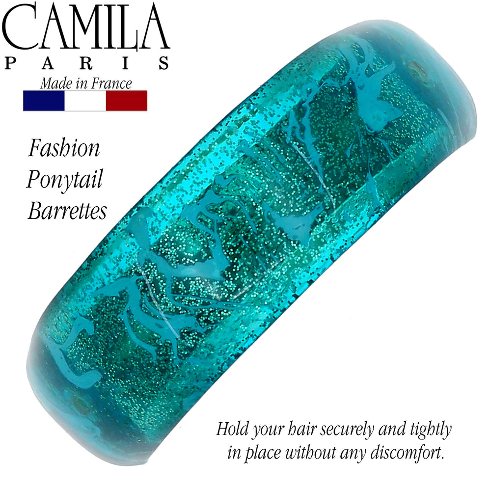 Camila Paris CP3300 turquoise barrette on bun for secure long-hair hold.