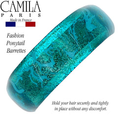 Camila Paris CP3300 turquoise barrette on bun for secure long-hair hold.