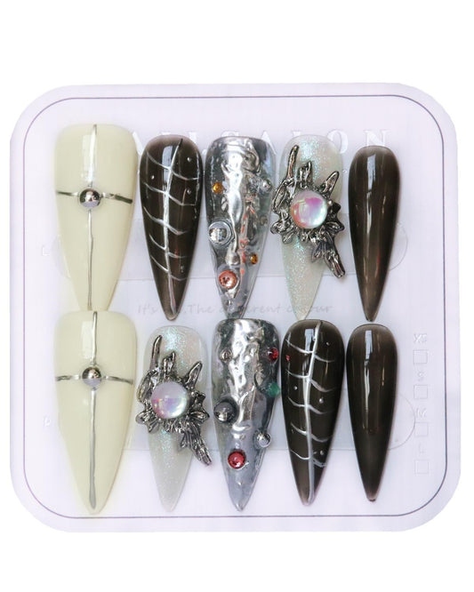 CAMILCY press-on nails almond armor tip with hand-painted details for at-home salon look